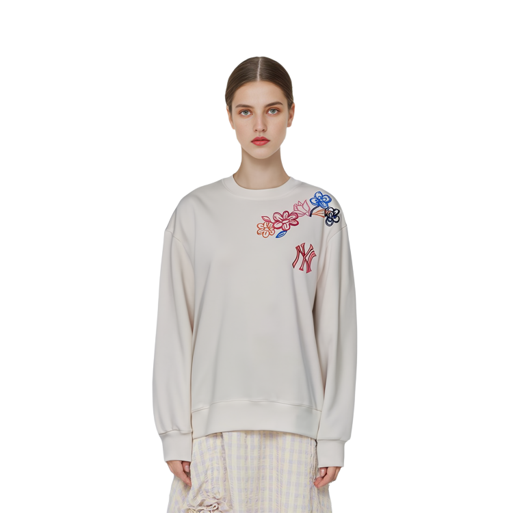 Shop MLB 紐約洋基花卉刺繡標誌圓領衛衣 男女款 米白色 3AMTG0214-50CRS