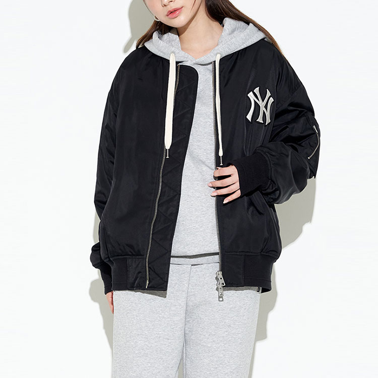 Shop MLB紐約洋基FW22黑色標誌印花羅紋領拉鍊外套 男女通用 3AJPB0124-50BKS