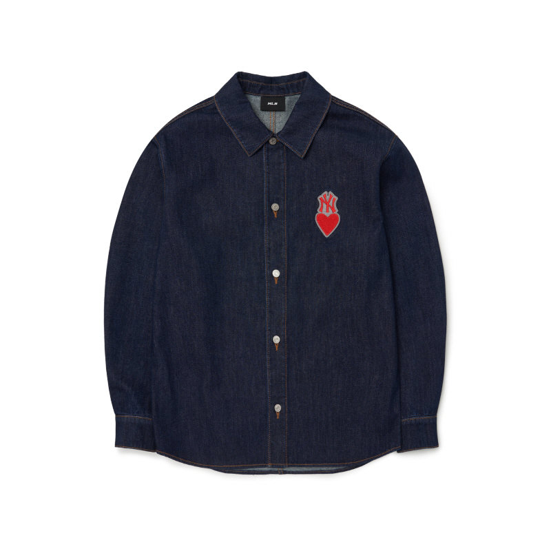 MLB New York Yankees FW22 Navy Denim Shirt Unisex with Logo Heart Design. 3ADRH0124-50NYD