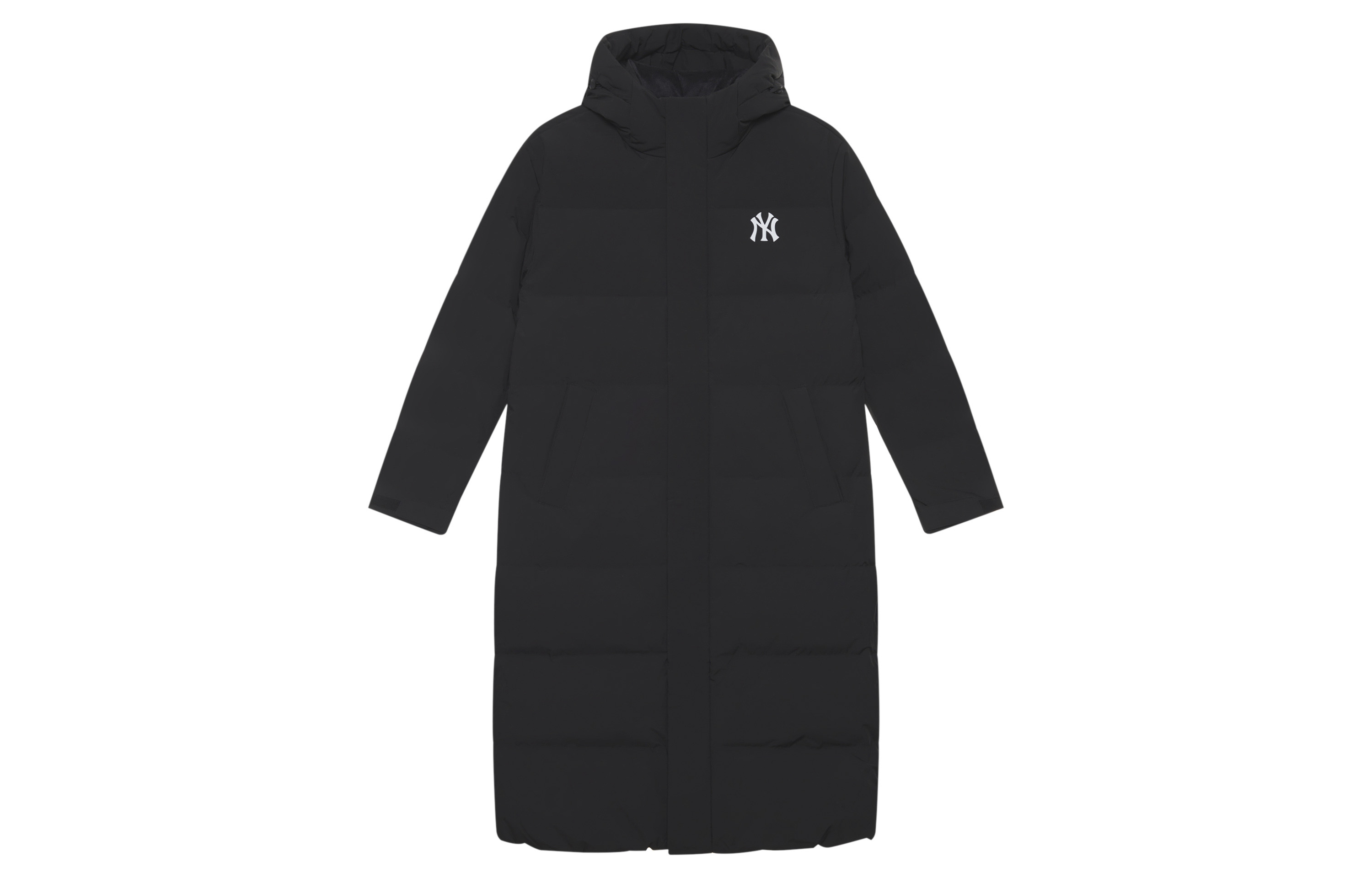 Lookbook MLB New York Yankees FW24 Black Long Down Jacket with Reflective Logo Unisex. 3ADJB1646-50BKS