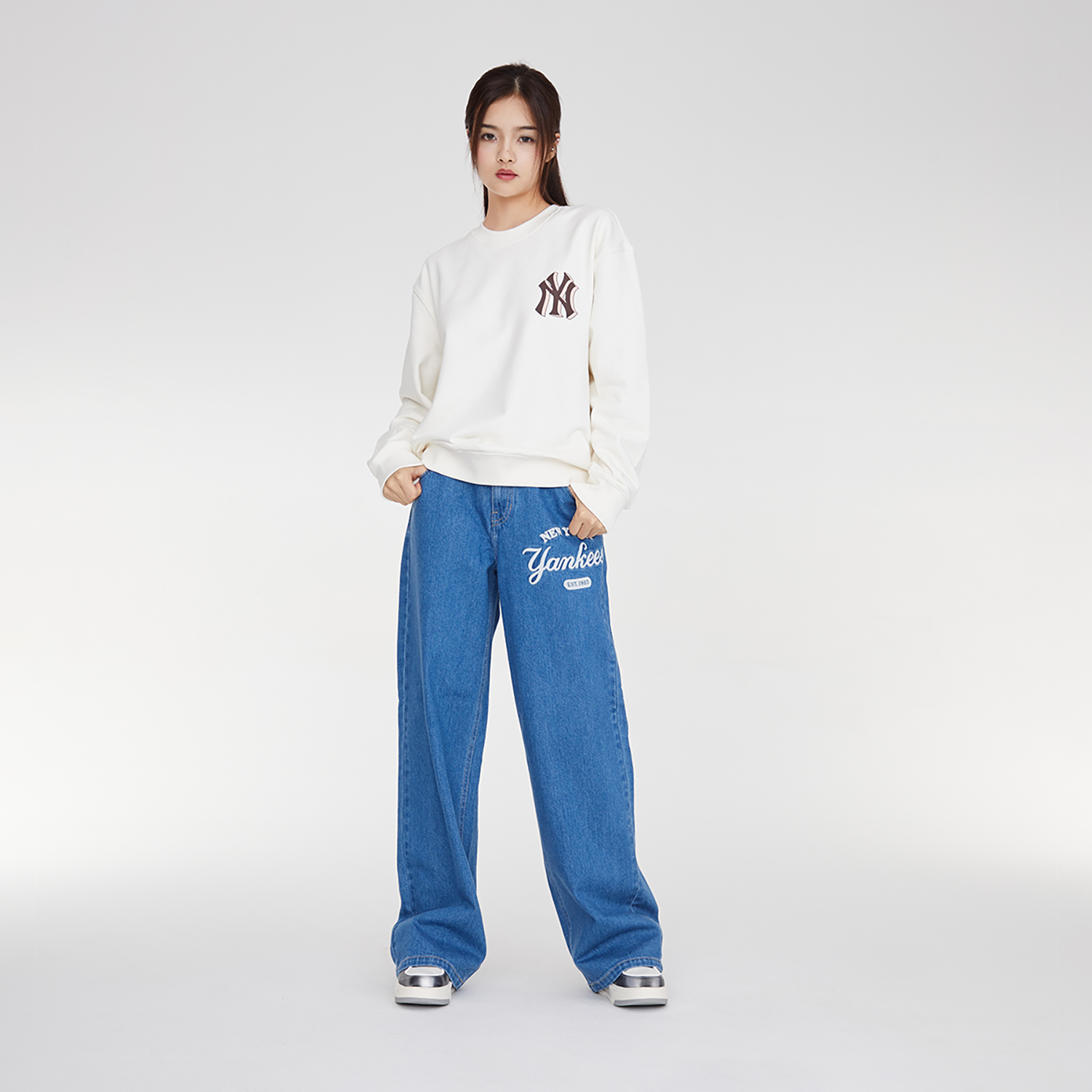 Cheap MLB纽约扬基队图案白色男女通用套头衫卫衣 3AMTM0934-50CRS