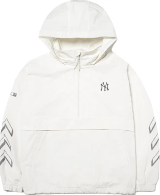 MLB 紐約洋基象牙白半拉鍊連帽外套 寬鬆版男女款 3AWJ14014-50IVS Order MLB 紐約洋基象牙白半拉鍊連帽外套 寬鬆版男女款 3AWJ14014-50IVS