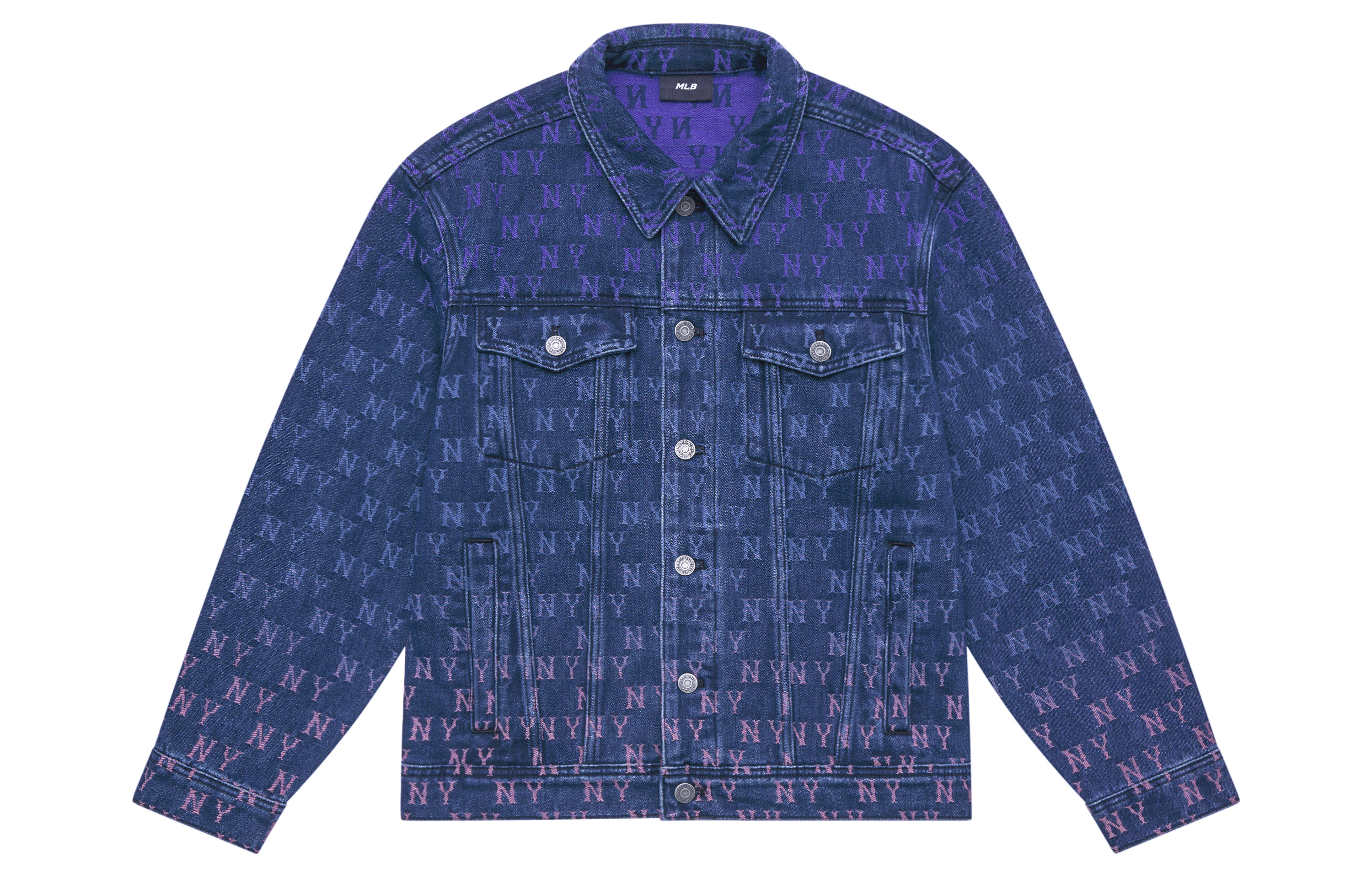 MLB New York Yankees Jacquard Monogram Denim Jacket Unisex Retro Style Indigo Blue 3ADKM0144-50INS