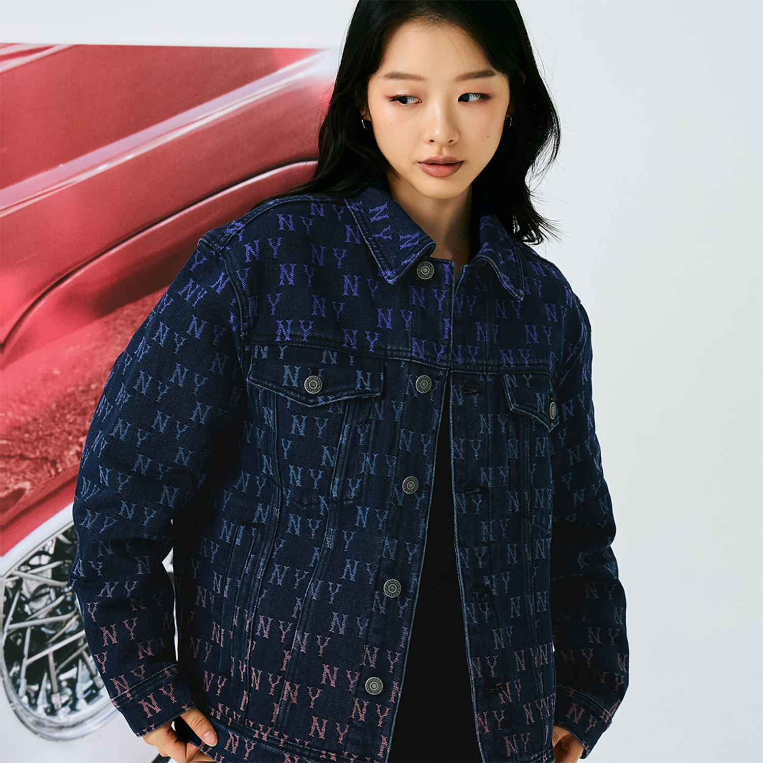 MLB New York Yankees Jacquard Monogram Denim Jacket Unisex Retro Style Indigo Blue 3ADKM0144-50INS 圖 4