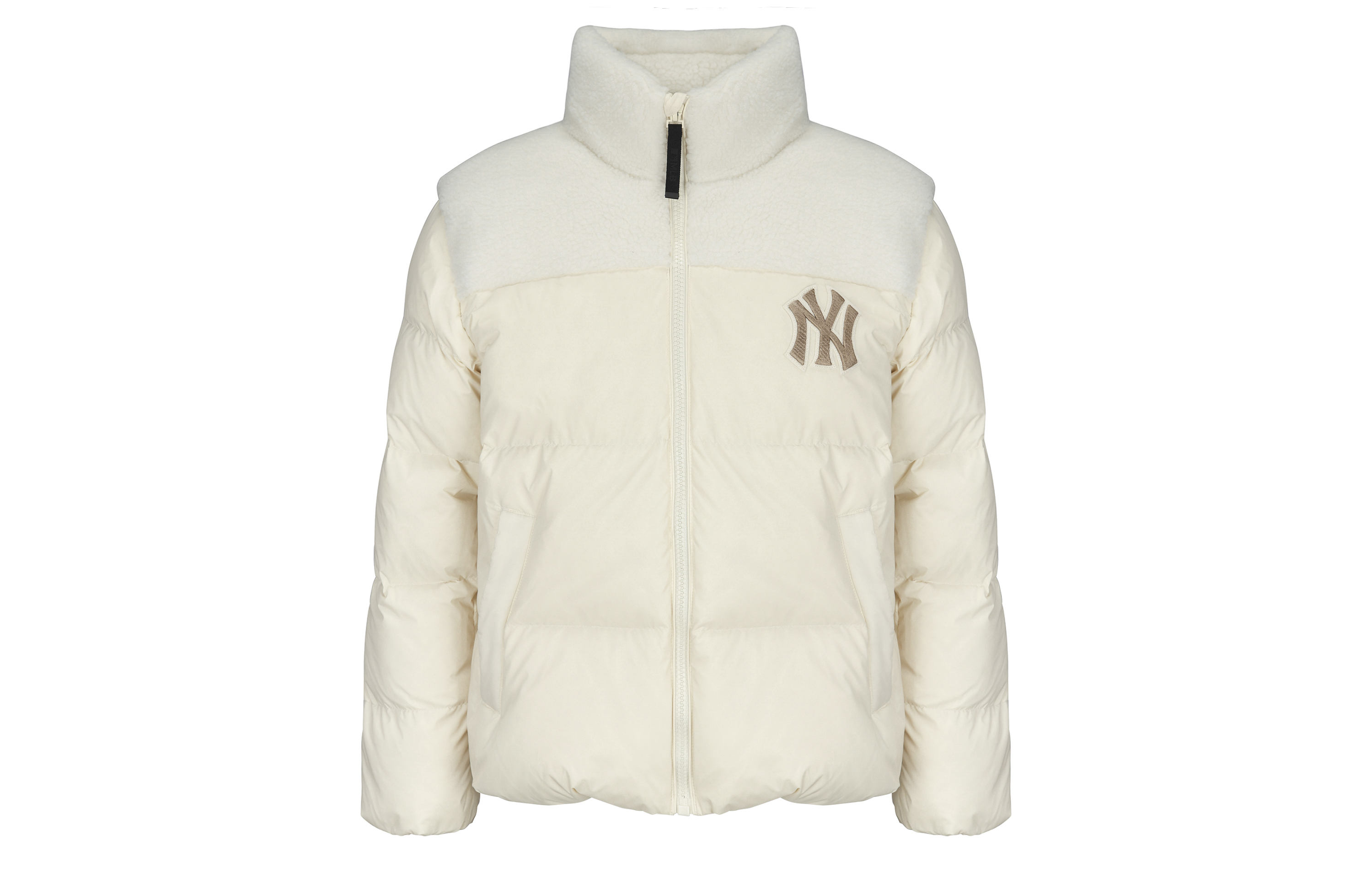 Order MLB New York Yankees Letter Logo Loose Down Jacket Unisex Cream Winter Coat 3ADJN0416-50CRS