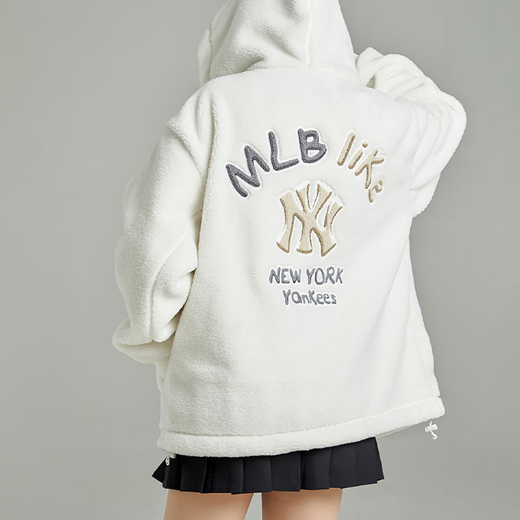 MLB New York Yankees Letter Print Fleece Hoodie Unisex White Jacket. 3AFDL3126-50IVS 圖 4