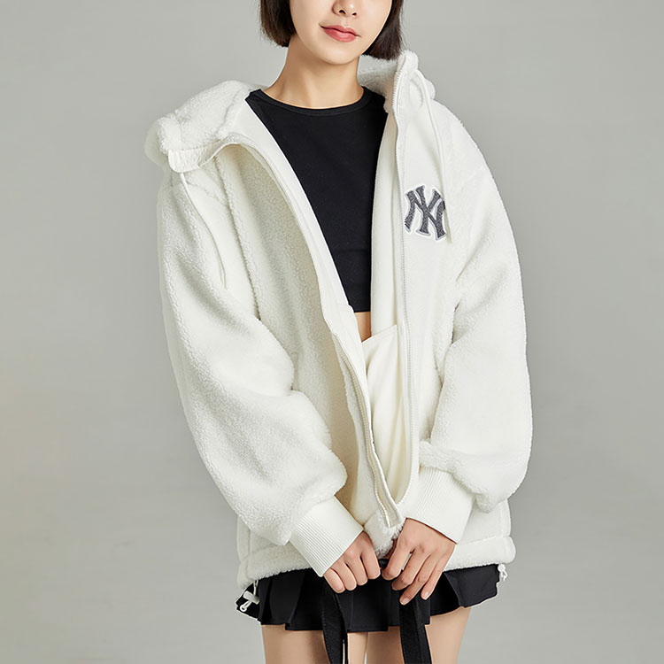 MLB New York Yankees Letter Print Fleece Hoodie Unisex White Jacket. 3AFDL3126-50IVS 圖 7