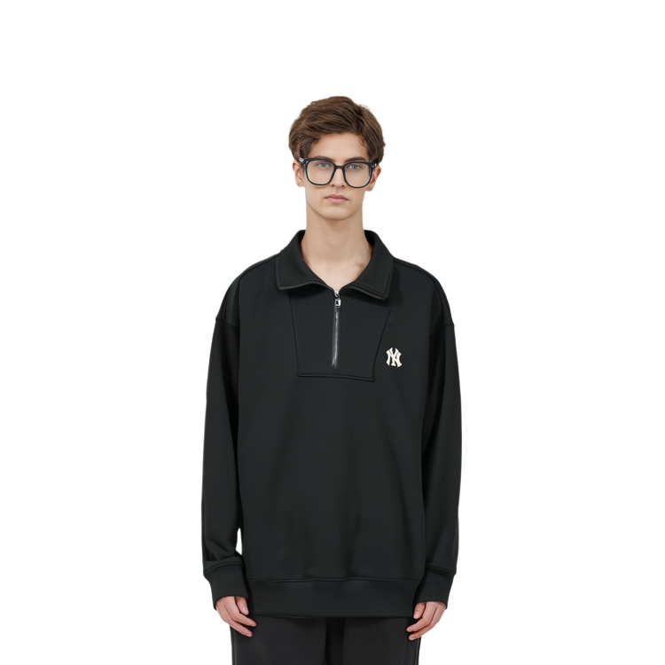 Shop MLB New York Yankees Logo Half-Zip Long Sleeve Polo Sweatshirt Unisex Black 3AMTB0534-50BKS