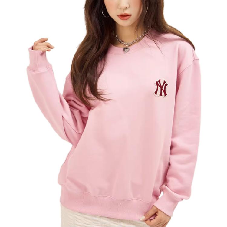 Shop MLB 紐約洋基隊LOGO印花男女款圓領長袖衛衣-淺粉色 3AMTM0234-50PKL