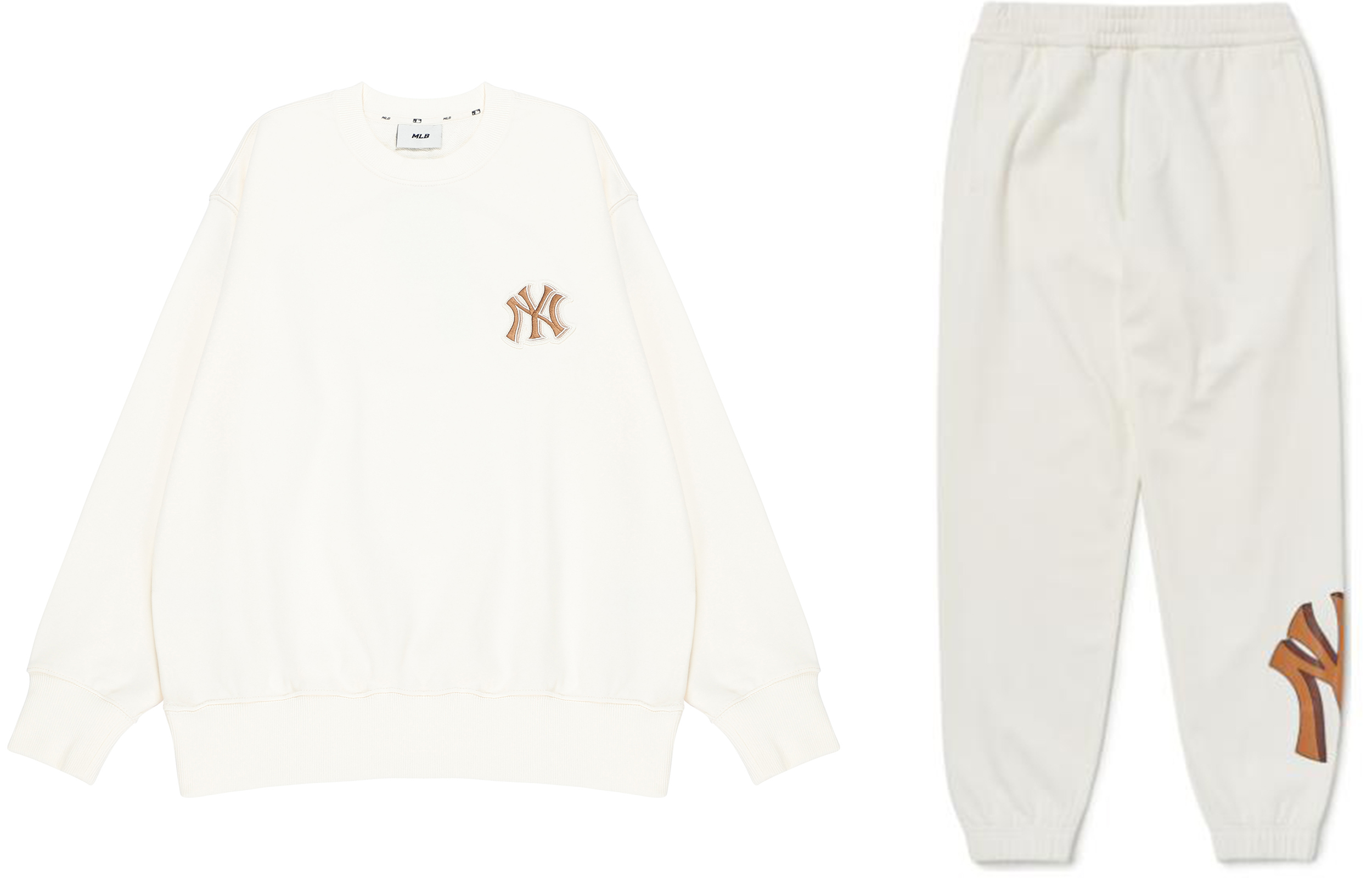 Lookbook MLB 뉴욕 양키스 로고 스웻셔츠 조거 세트 유니섹스 캐주얼 화이트. 3APTB0224-50IVS3AMTB0224-50CRS