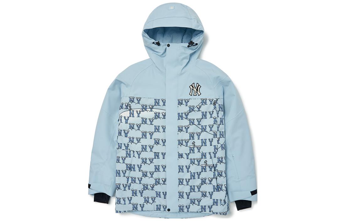 Order MLB New York Yankees Monogram Hooded Windproof Waterproof Jacket Light Blue Unisex 3APDMS126-50CBL