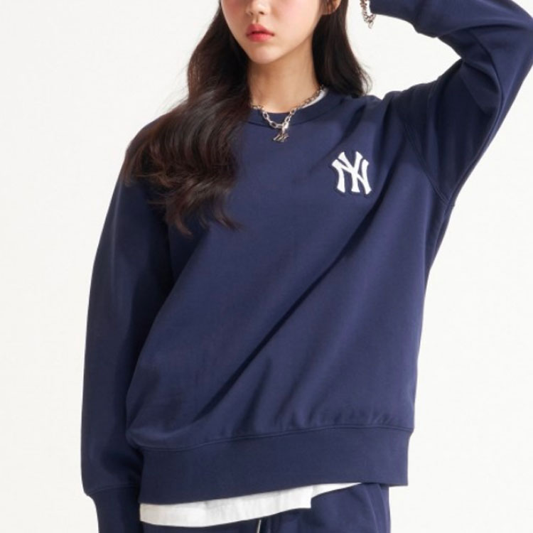 Shop MLB New York Yankees Monogram Logo Crewneck Sweatshirt Unisex Navy Blue 3AMTM0121-50NYS
