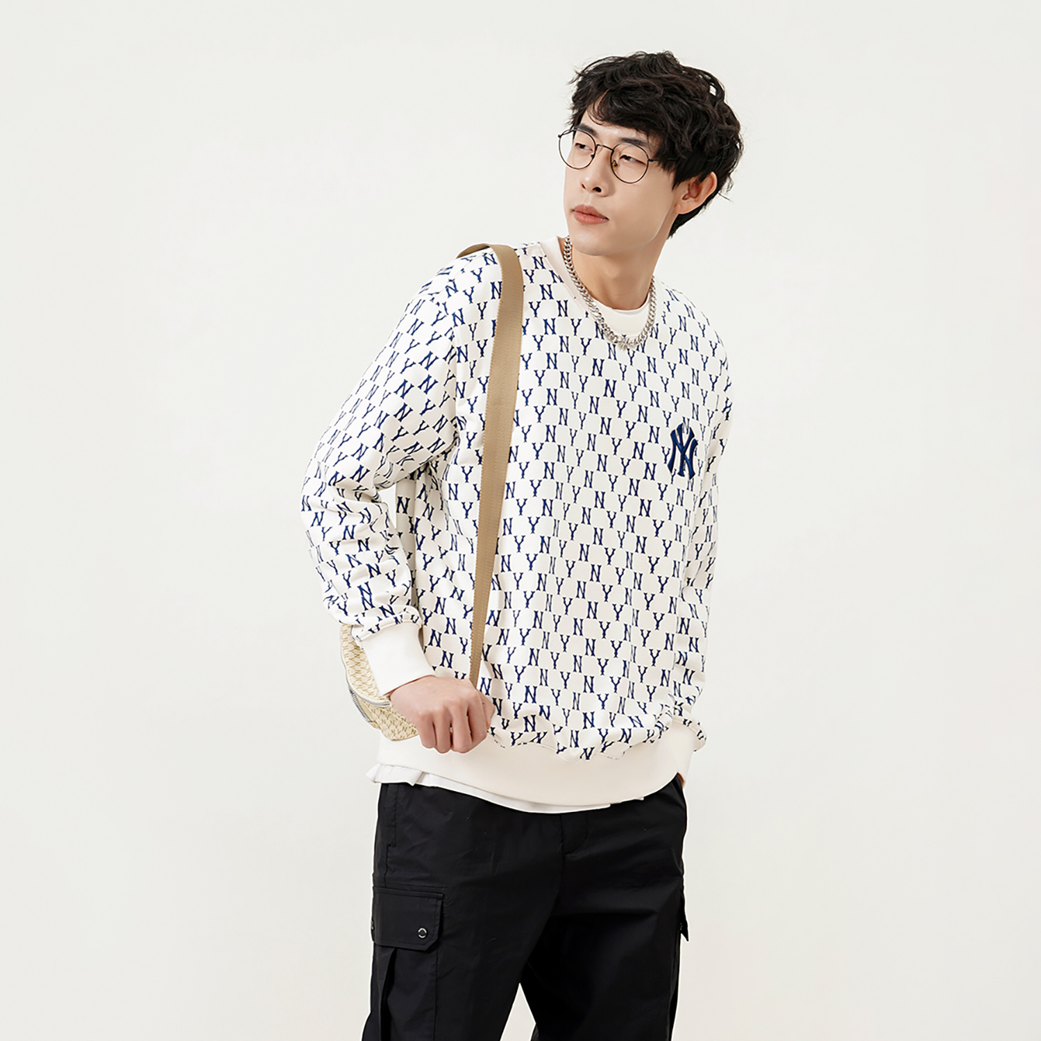 Details for Sweater Crewneck MLB New York Yankees Monogram Logo Cream Unisex. 3AMTM0221-50CRS