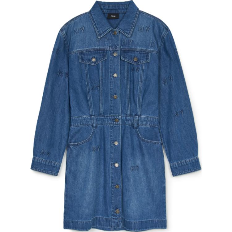 MLB New York Yankees Monogram Polo Button Long Sleeve Dress Women Blue 3FDDM0444-50INS