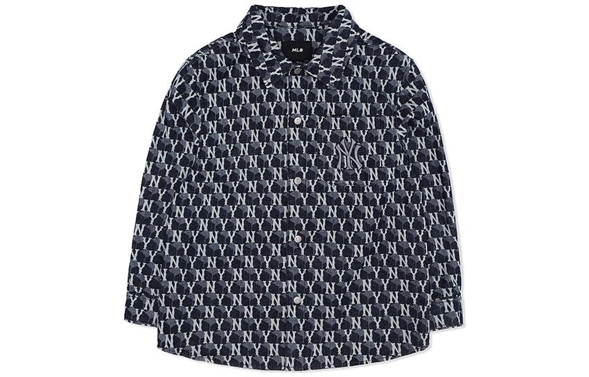 MLB New York Yankees Monogram Print Button-Up Shirt Navy Unisex Retro Style 3ADRM0624