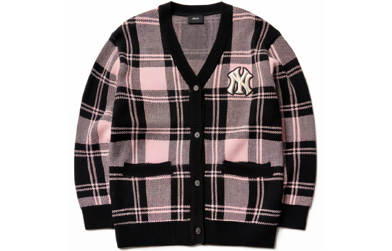 MLB New York Yankees Pink Plaid Logo Knit Cardigan Sweater Unisex. 3AKT00214-50PKS