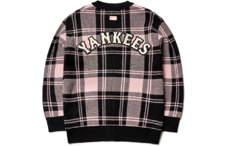 Lookbook MLB New York Yankees Pink Plaid Logo Knit Cardigan Sweater Unisex. 3AKT00214-50PKS