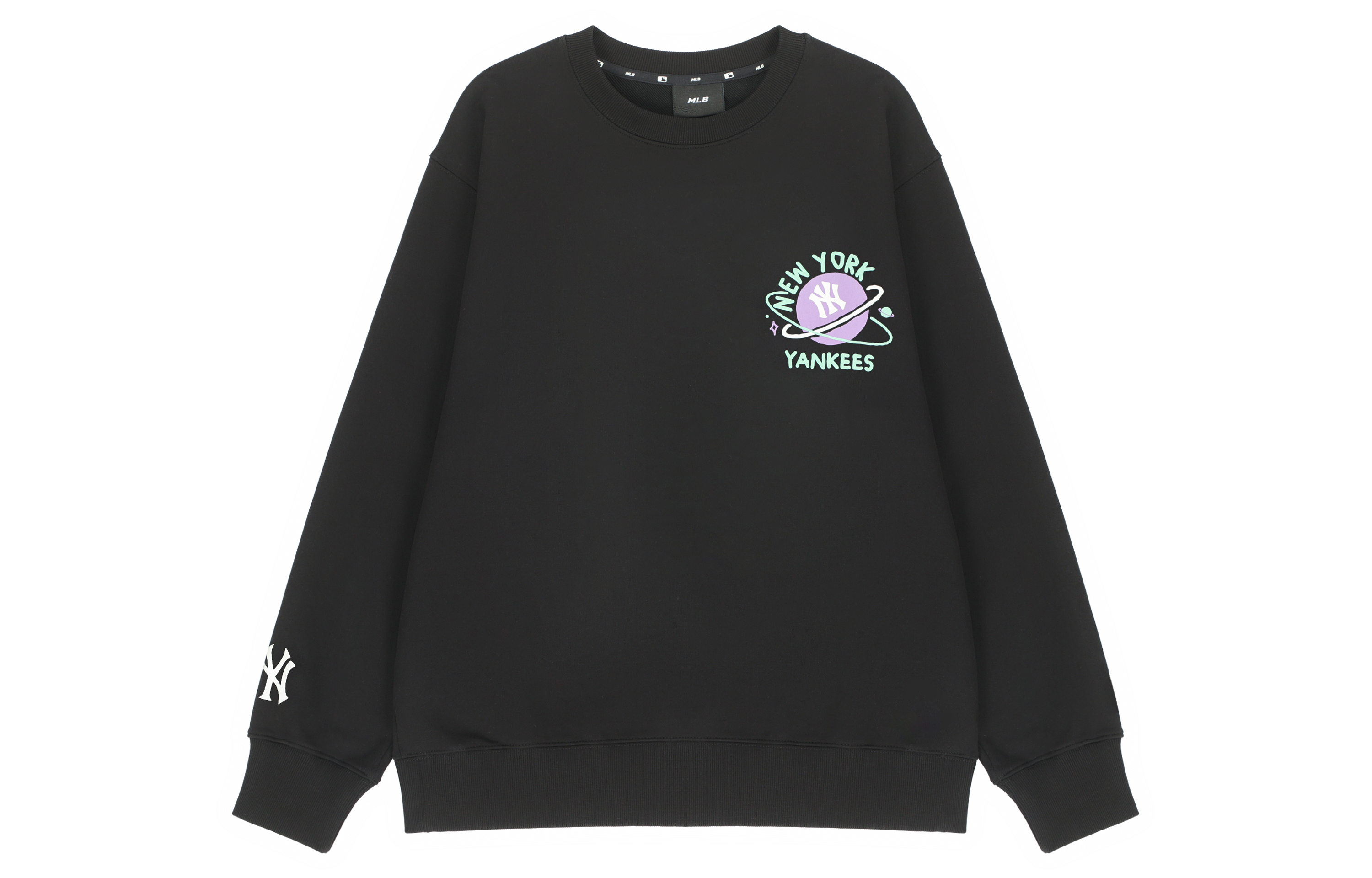 Lookbook MLB纽约扬基队行星印花长袖卫衣男女同款黑色。 3AMTL0121-50BKS