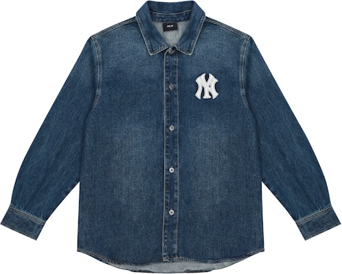 MLB ニューヨーク・ヤンキース レトロデニムロゴ オーバーサイズシャツ ユニセックス ブルー 3AWSN1014-50BLS Lookbook MLB ニューヨーク・ヤンキース レトロデニムロゴ オーバーサイズシャツ ユニセックス ブルー 3AWSN1014-50BLS