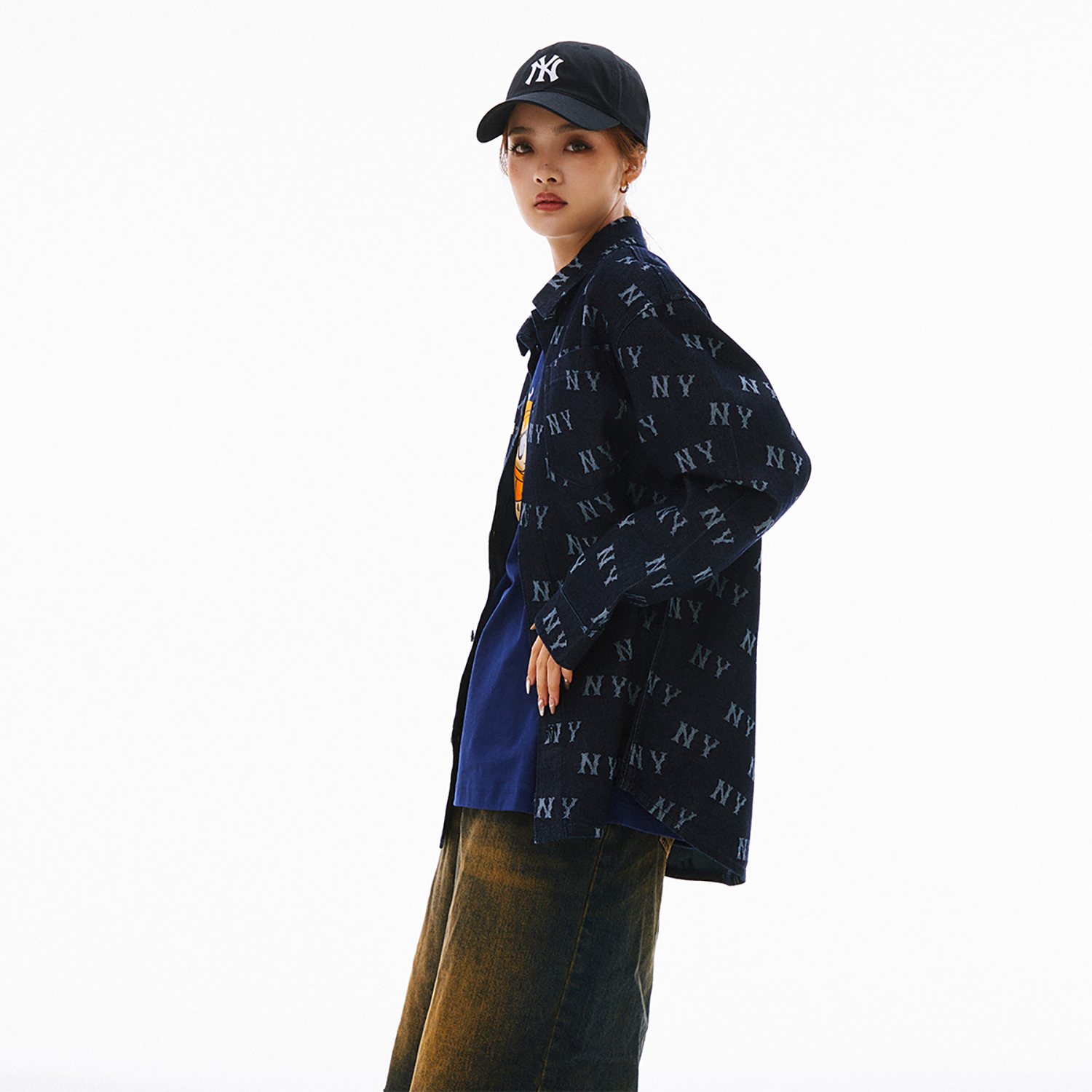 Cheap MLB ニューヨーク・ヤンキース SS24 オーバーサイズ デニム 長袖シャツ ネイビー ユニセックス 3ADRM0141-50NYD