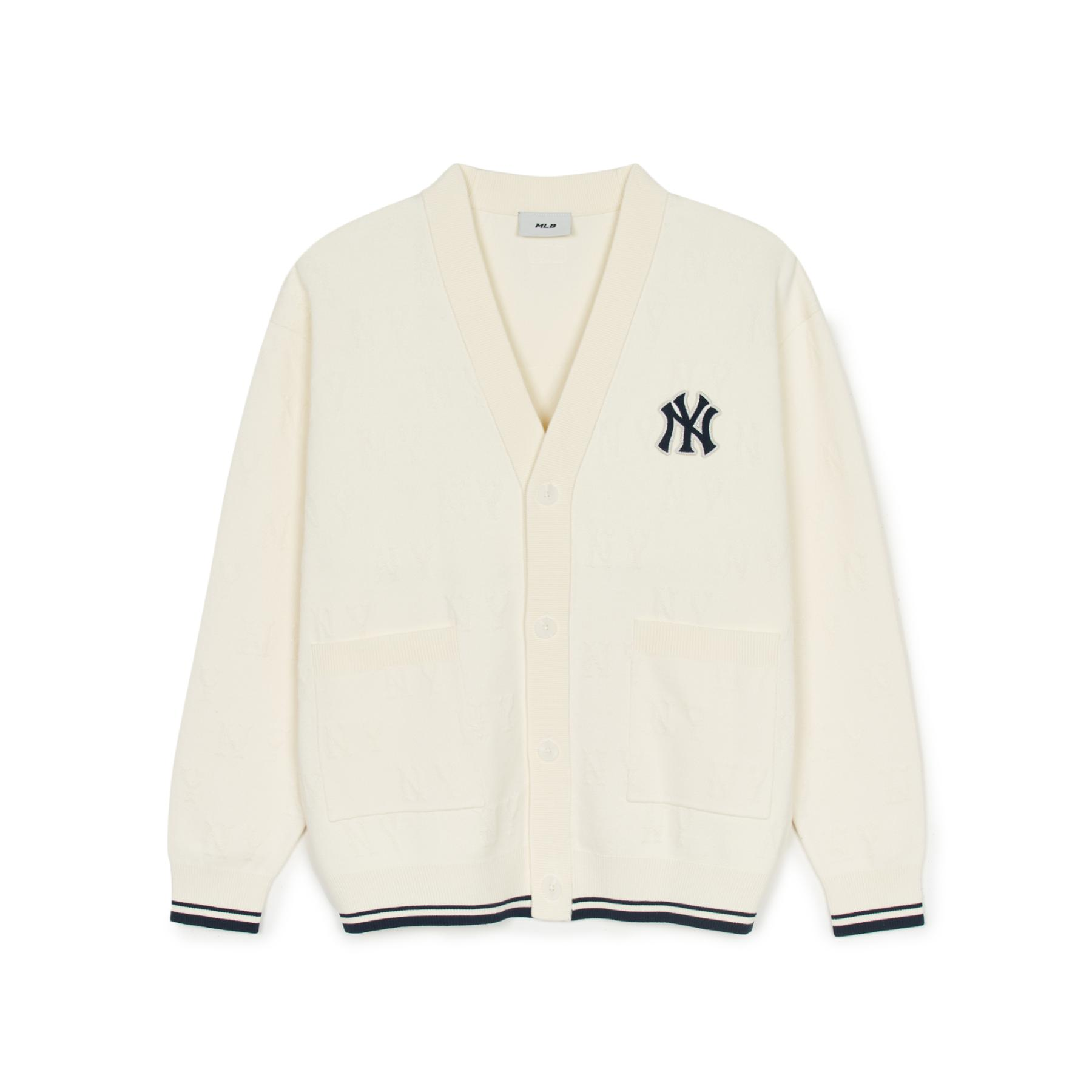 MLB New York Yankees V-Neck Cardigan Cream Unisex Casual Knit Sweater. 3AKCM0251-50CRS