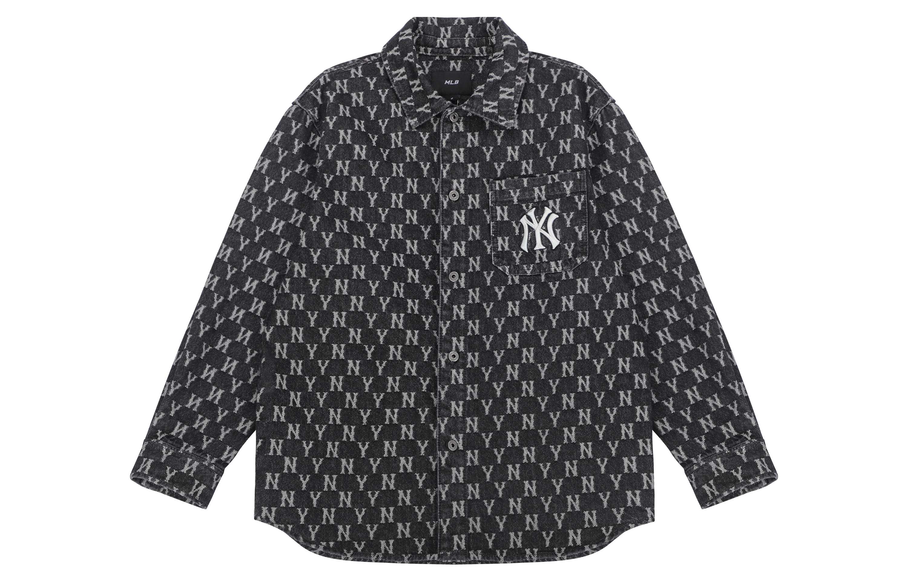 Order MLB New York Yankees Vintage Full-Print Denim Shirt Unisex Dark Gray Long Sleeve 3ADRMN321-50GRD