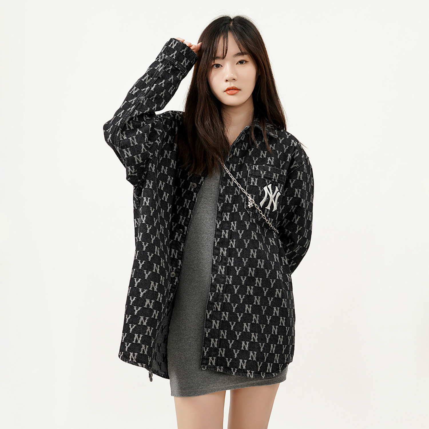 Purchase MLB New York Yankees Vintage Full-Print Denim Shirt Unisex Dark Gray Long Sleeve 3ADRMN321-50GRD