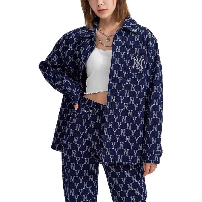 Shop Jaket Denim Vintage Monogram MLB NY Yankees FW22 Uniseks Gaya Pasangan Biru 3ADRM0224-50NYD