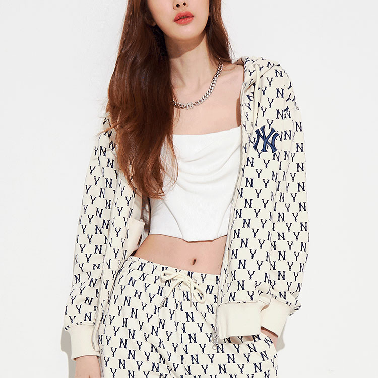 Shop MLB NY Yankees Logo Print Hoodie Cream Unisex Long Sleeve Full-Zip Sweatshirt 3ATRM0121-50CRS