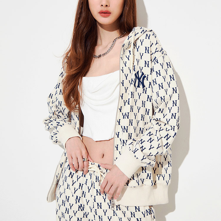 Purchase MLB NY Yankees Logo Print Hoodie Cream Unisex Long Sleeve Full-Zip Sweatshirt 3ATRM0121-50CRS