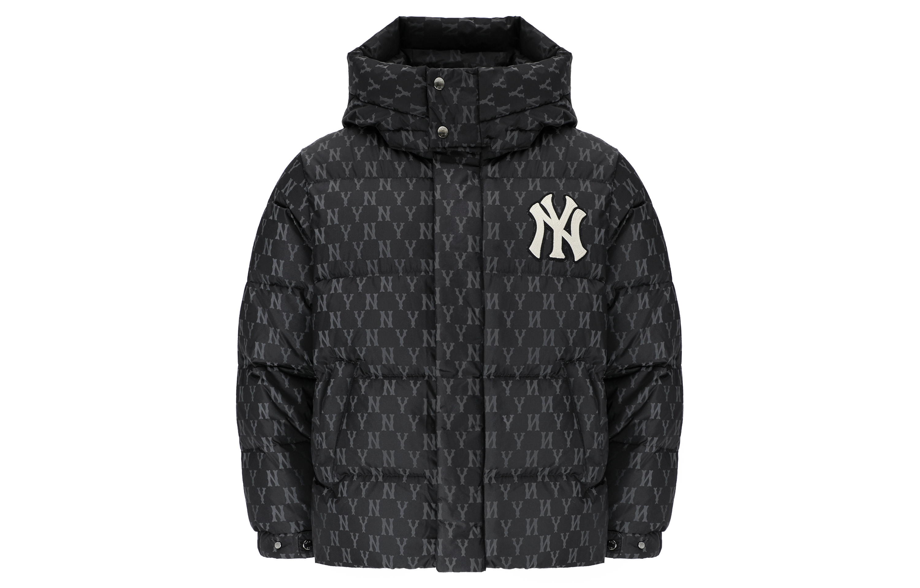 MLB NY Yankees Monogram Hooded Down Jacket Black Unisex Short Puffer Coat. 3ADJM0426-50BKS