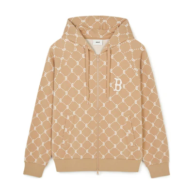 MLB Retro Diamond Print Zip-Up Hoodie Jacket Unisex Light Beige 3ATRM0341-43CAL