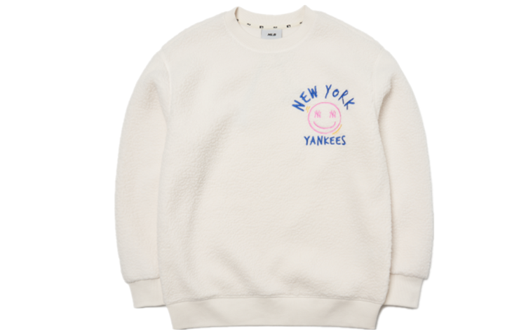 MLB Smiley Face Fleece Pullover Sweatshirt Unisex Beige 3AMTF5516-50CRS