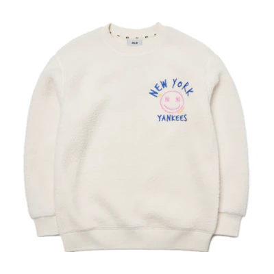 MLB Smiley Face Fleece Pullover Sweatshirt Unisex Beige 3AMTF5516-50CRS