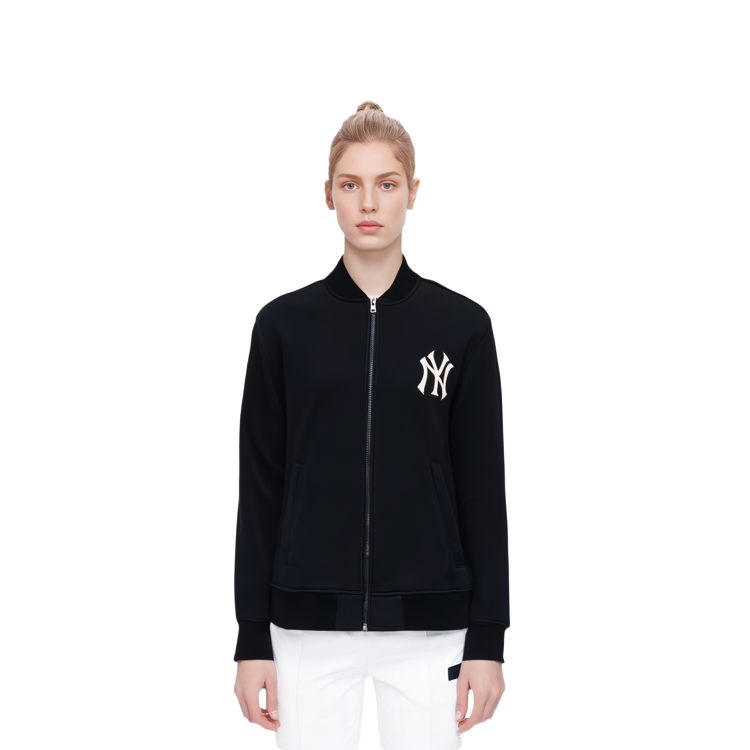 Shop MLB SS22 刺繡標誌拉鍊黑色棒球外套 情侶款男女通用款 3AJP01016-50BKS