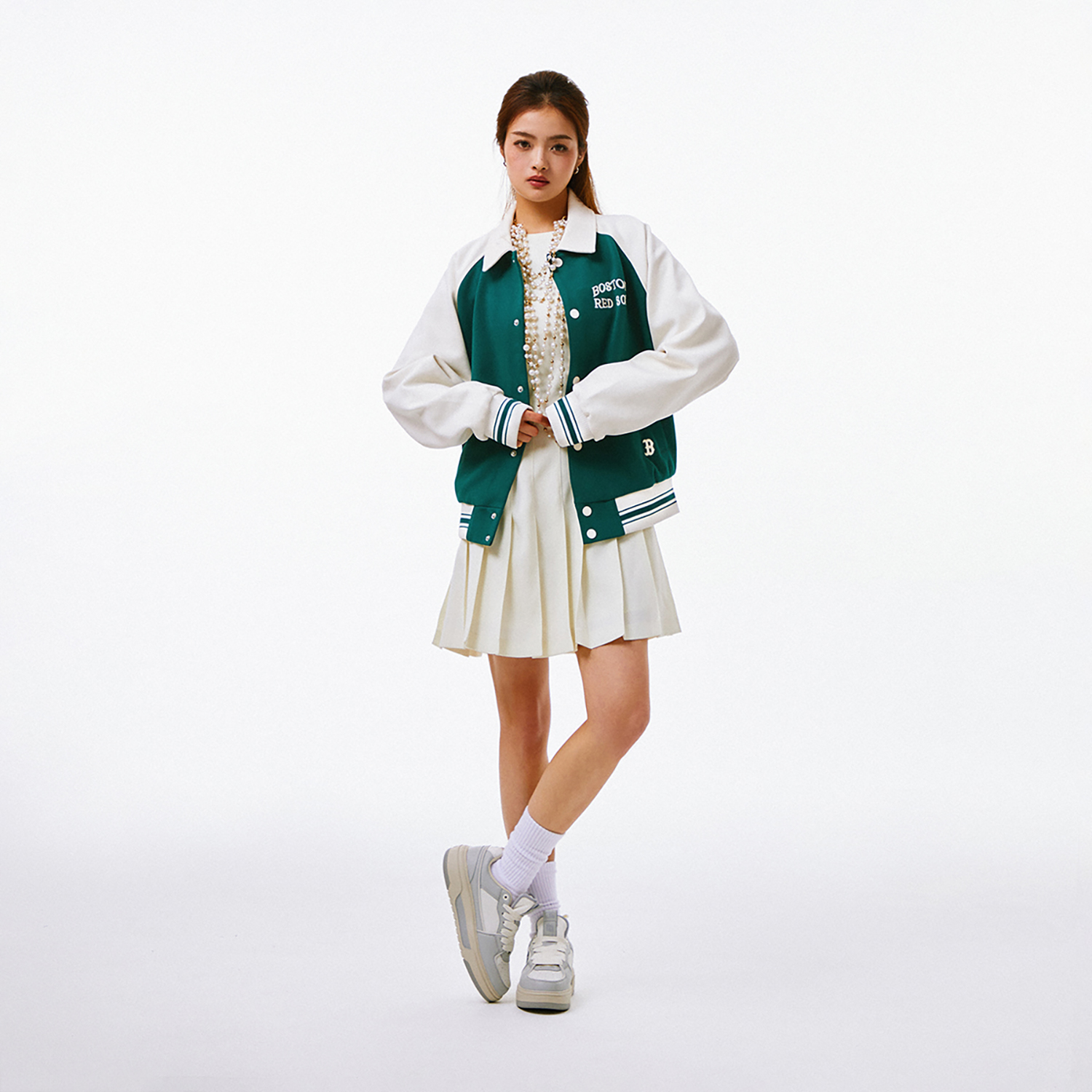 Sizing MLB SS24波士顿红袜刺绣字母纽扣棒球夹克绿色男女款 3AJPV1641-43GND