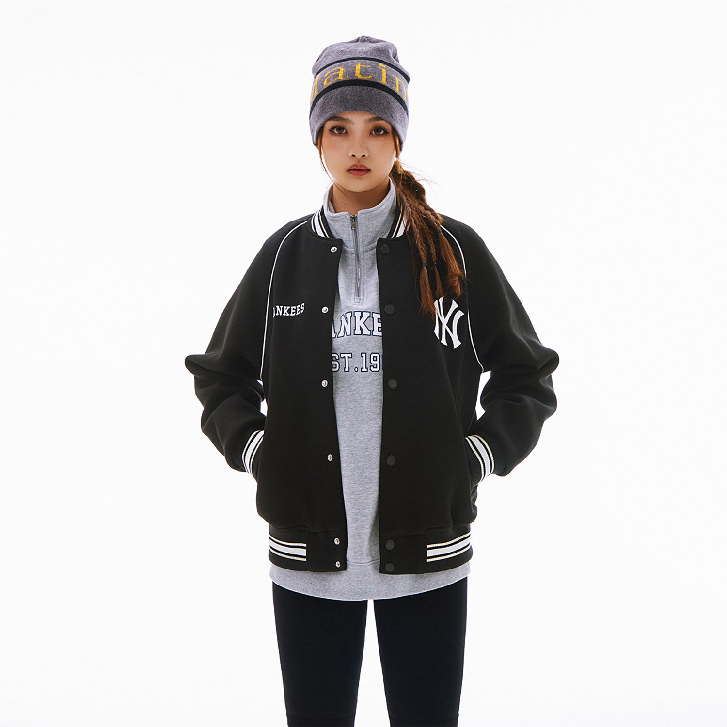 Purchase MLB SS24 ニューヨークヤンキース レタープリント ベースボールジャケット ユニセックス ブラック 3AJPV0841-50BKS