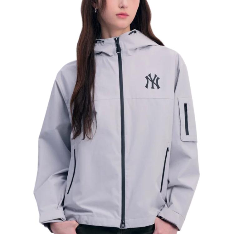 Shop MLB SS24 紐約洋基隊反光標誌連帽拉鍊外套 男女款 淺灰色 3AWJB0341-50GRL