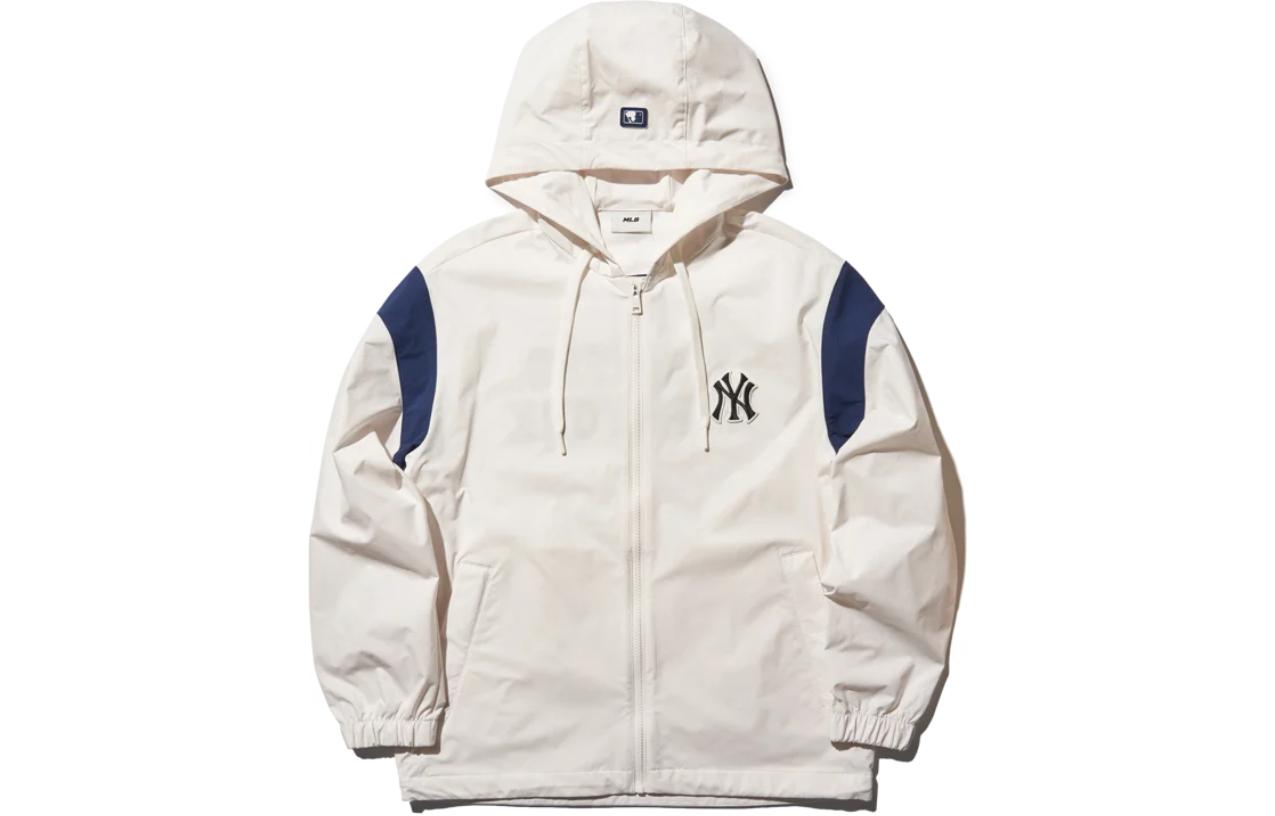 MLB SS24 NY Yankees Logo Patchwork Hoodie Jacket Unisex Cream Color. 3AWJV0343-50CRS