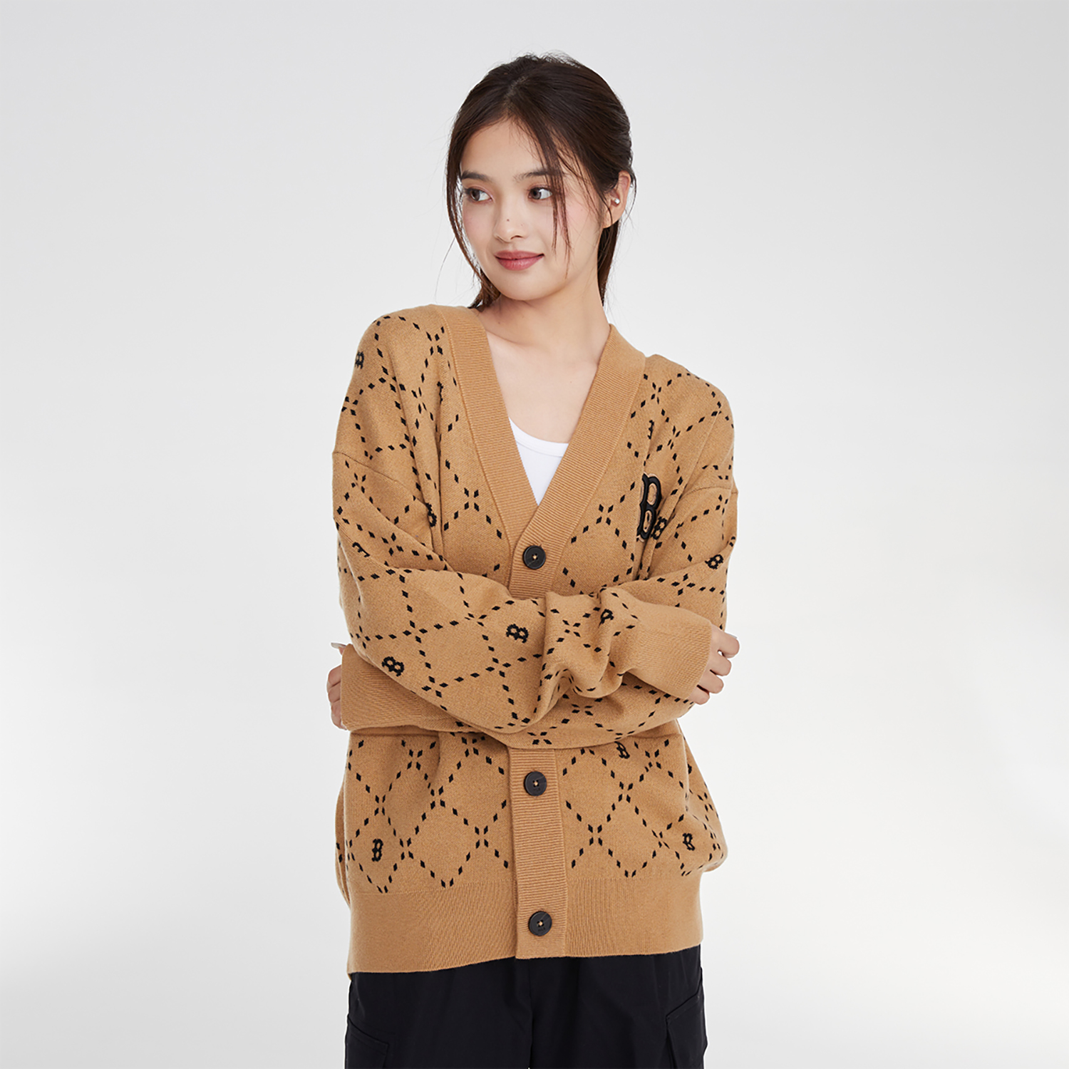 Sizing MLB 復古紋理寬鬆長袖針織衫 中性款 - 淺駝米色 3AKCM0134-43CAL