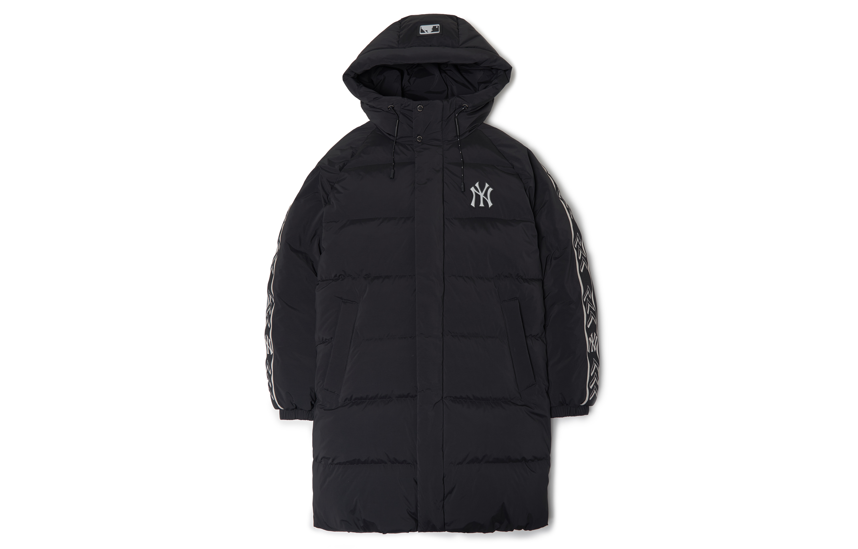 MLB Unisex Black Mid-Length Hooded Down Jacket with Zipper and Logo Stripes. 3ADJJ0616-50BKS