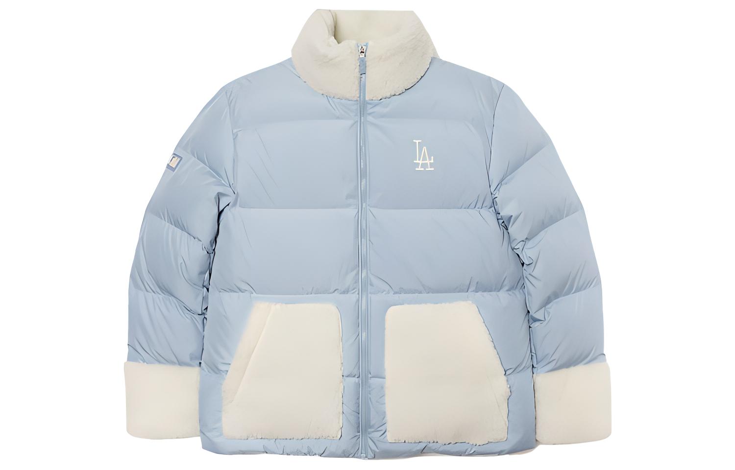 MLB Unisex Blue Short Puffer Jacket with Lettering and Lamb Wool Collar. 3ADJEC216-07BLL