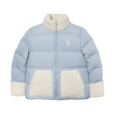 MLB Unisex Blue Short Puffer Jacket with Lettering and Lamb Wool Collar. 3ADJEC216-07BLL