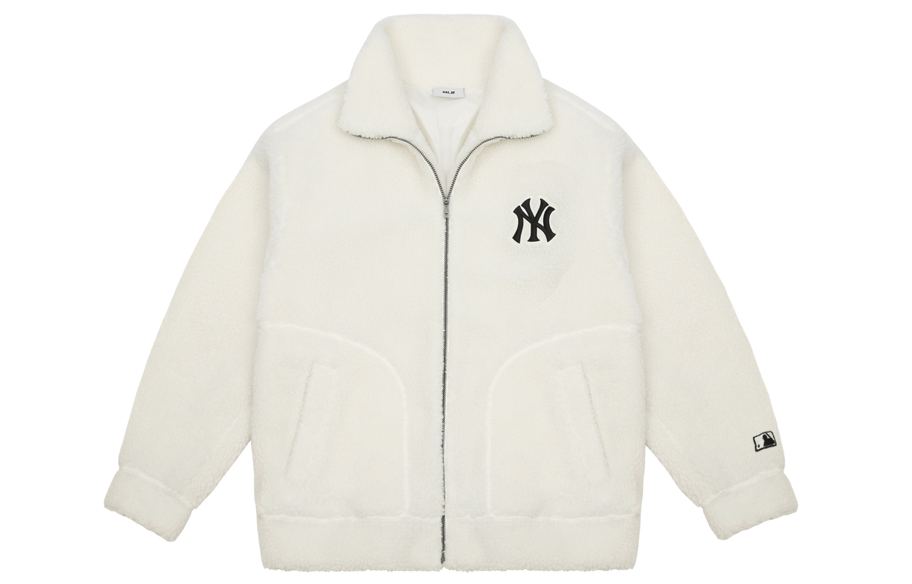 Lookbook MLB 男女通用乳白色羊羔绒夹克，经典标志印花设计. 3AJPF0216-50CRS