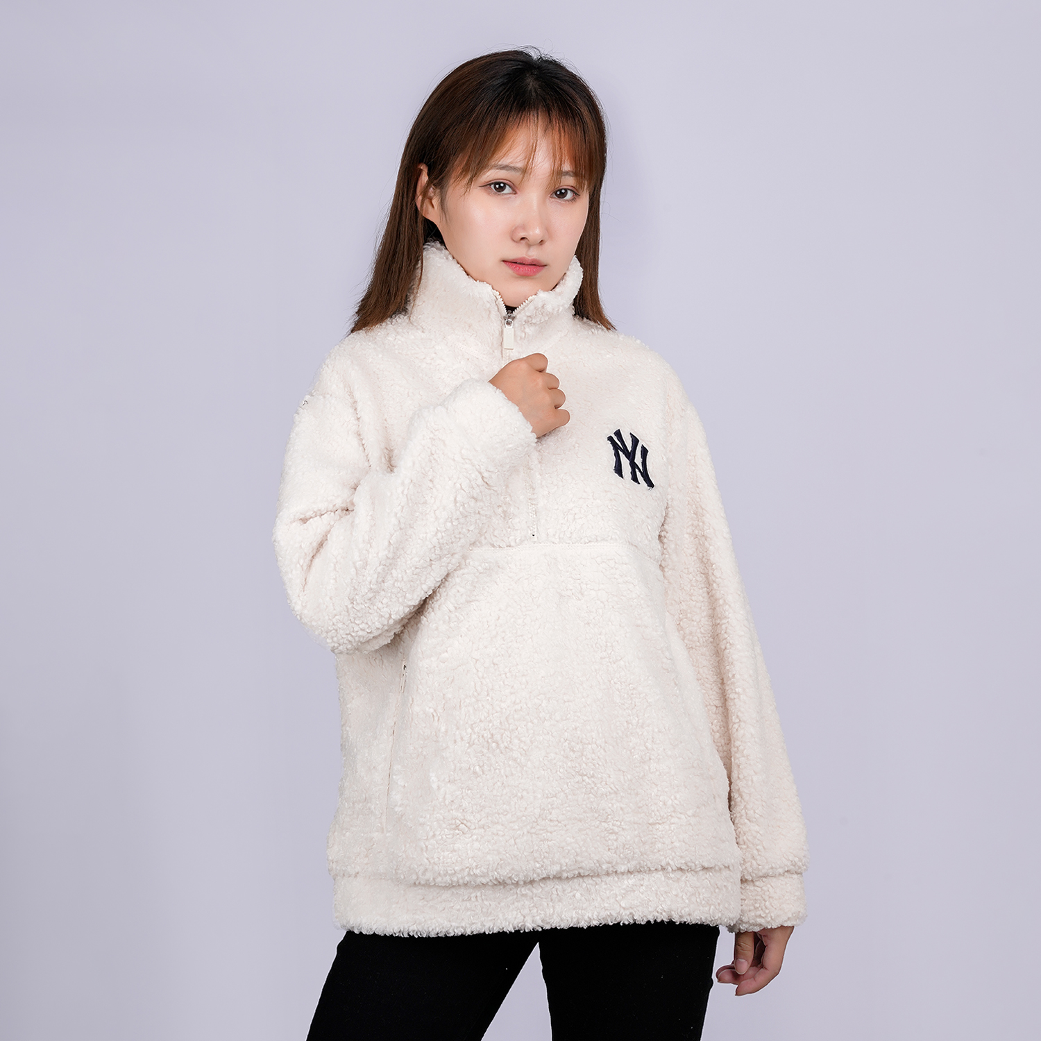 MLB Unisex Ivory Sherpa Fleece Half-Zip Hoodie - Casual and Sporty 31MTF3061-50I 圖 4