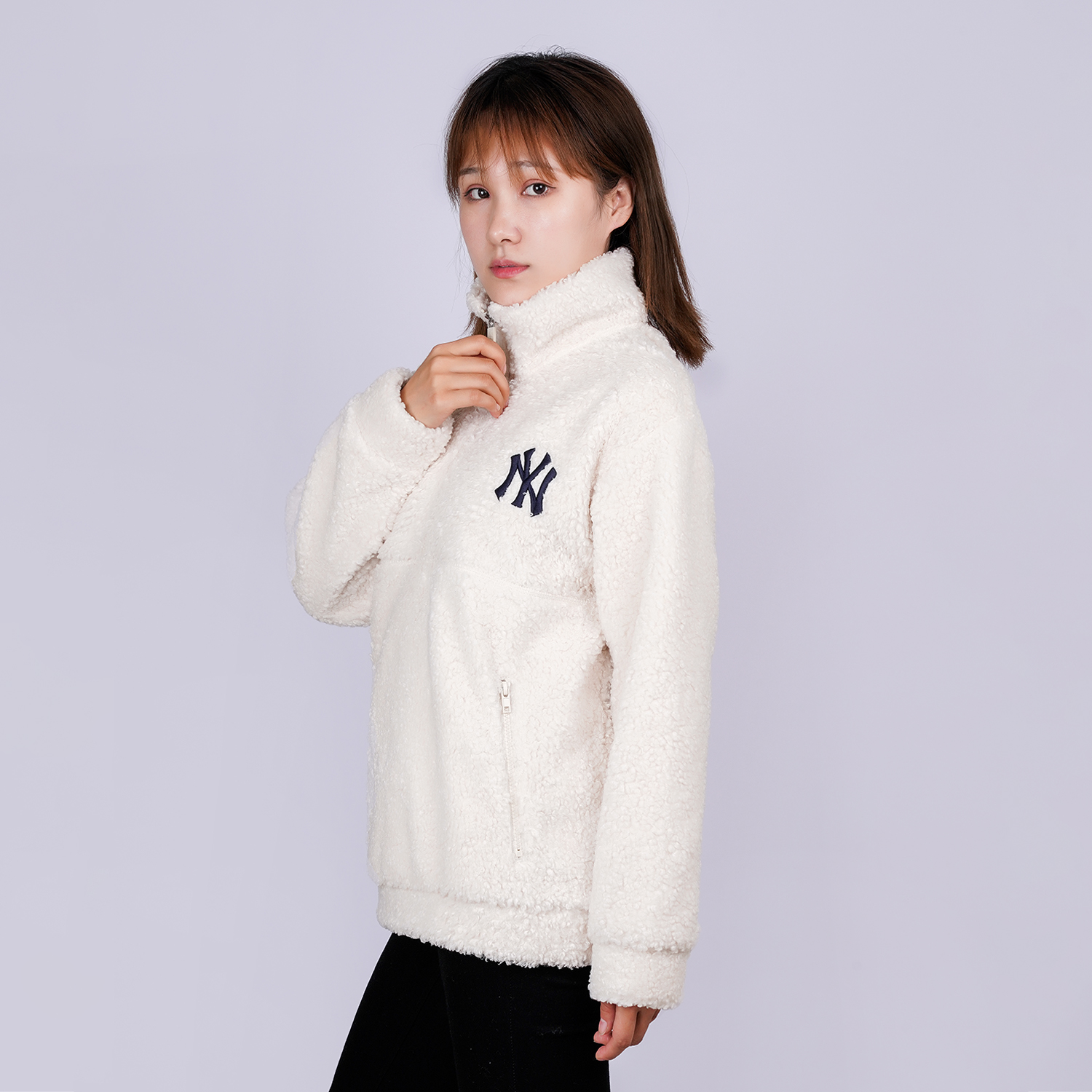 MLB Unisex Ivory Sherpa Fleece Half-Zip Hoodie - Casual and Sporty 31MTF3061-50I 圖 5