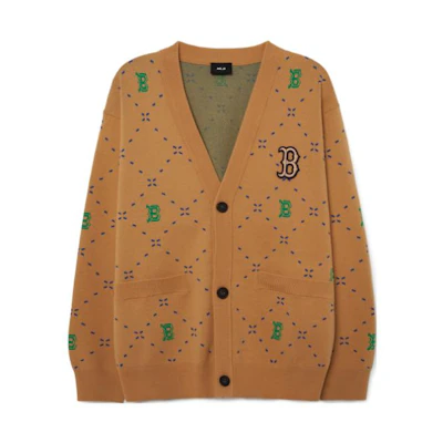 MLB Unisex Sand Yellow Letter Knit Cardigan Pullover Sweater for Couples. 3AKCM0431-43SAS