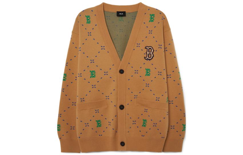 Order MLB Unisex Sand Yellow Letter Knit Cardigan Pullover Sweater for Couples. 3AKCM0431-43SAS