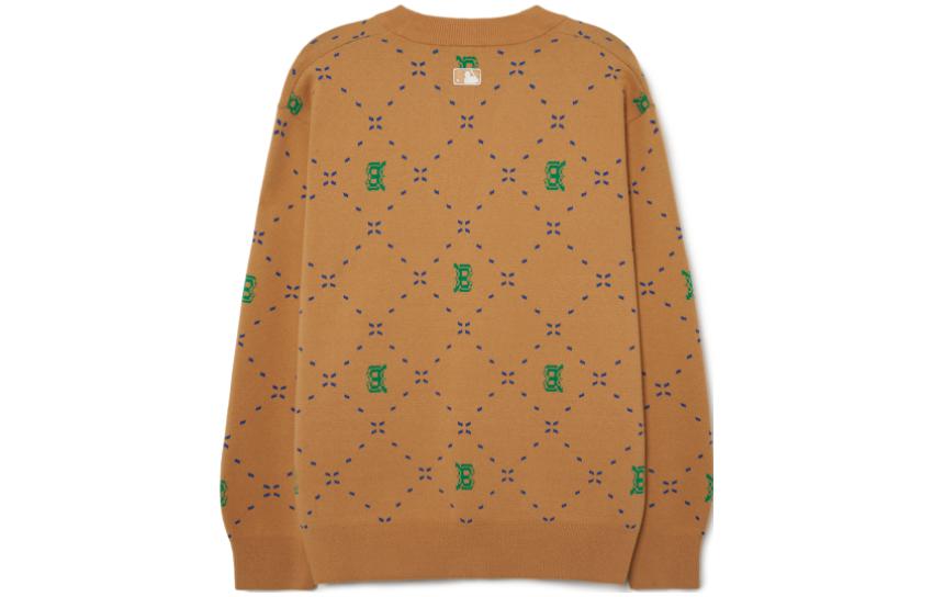 Lookbook MLB Unisex Sand Yellow Letter Knit Cardigan Pullover Sweater for Couples. 3AKCM0431-43SAS