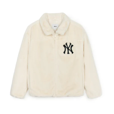 MLB Unisex Varsity Eco Fur Zip-Up Jacket with Logo - Cream Color. 3AFDV0146-50CRD